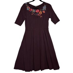 eShakti Embroidered Fit & Flare Dress M-8 Plum Purple‎ Floral Short Sleeve